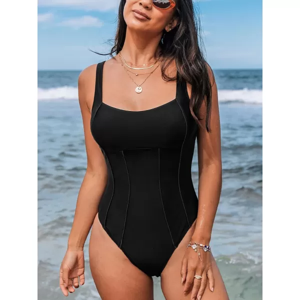 imageCUPSHE Womens One Piece Swimsuit Tummy Control Bathing Suit Scoop Neck Sculpting Slim SwimwearBlack