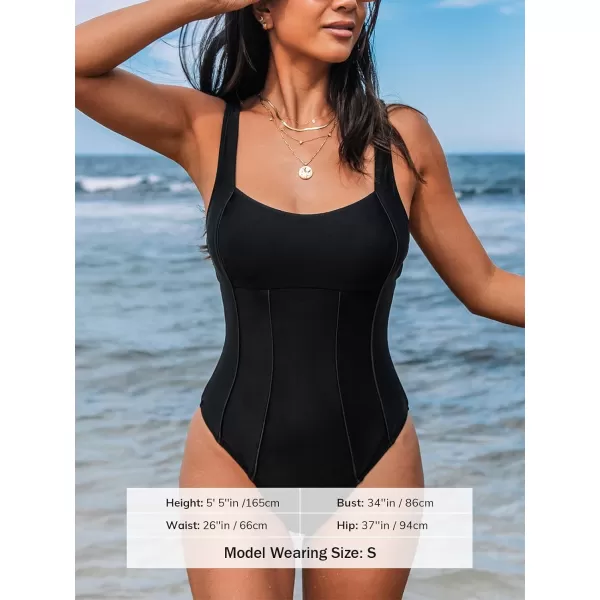 imageCUPSHE Womens One Piece Swimsuit Tummy Control Bathing Suit Scoop Neck Sculpting Slim SwimwearBlack