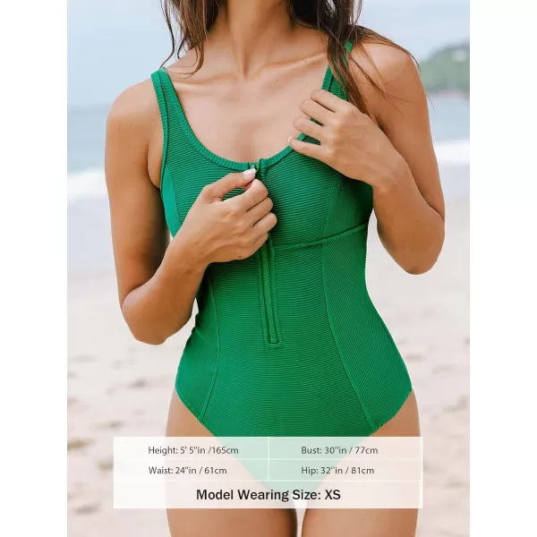 imageCUPSHE Womens One Piece Swimsuit Tummy Control Bathing Suit Zipper Front Adjustable Straps Ribbed SwimwearGreen