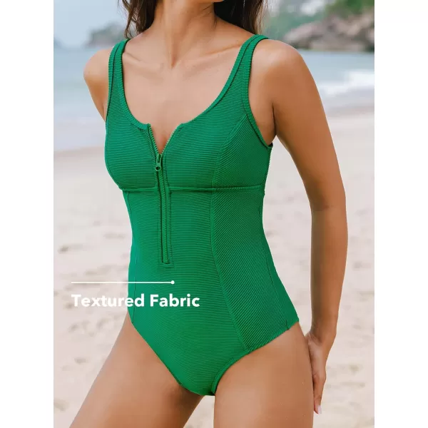 imageCUPSHE Womens One Piece Swimsuit Tummy Control Bathing Suit Zipper Front Adjustable Straps Ribbed SwimwearGreen