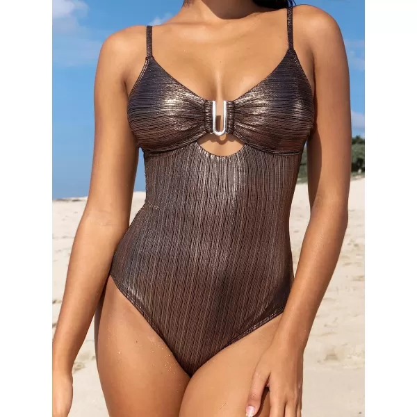 imageCUPSHE Womens One Piece Swimsuit Tummy Control Cutout Metallic Glitter U Wire SwimwearBronze