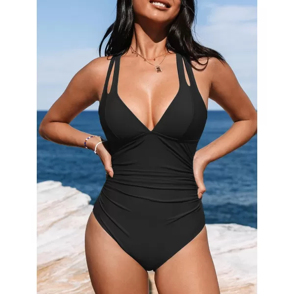 imageCUPSHE Womens One Piece Swimsuit Tummy Control Deep V Neck Double Straps Crisscross Back Tie Bathing SuitBlack