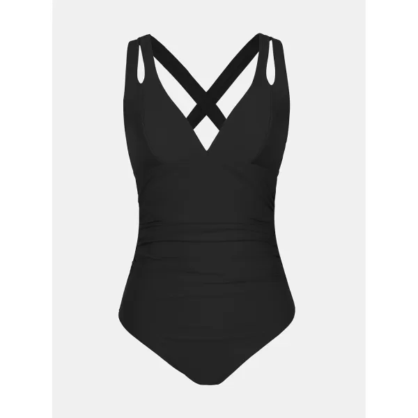 imageCUPSHE Womens One Piece Swimsuit Tummy Control Deep V Neck Double Straps Crisscross Back Tie Bathing SuitBlack