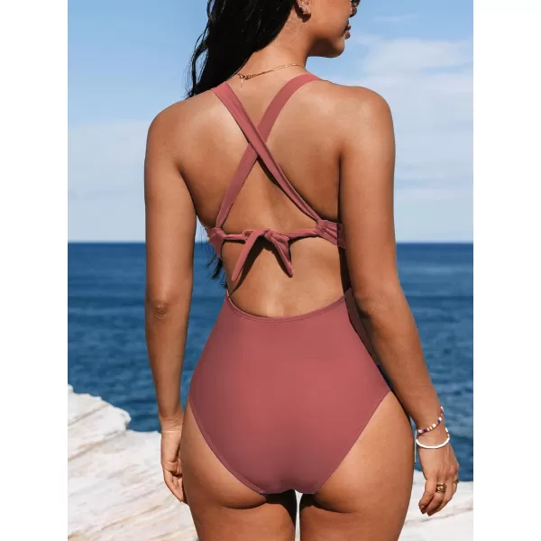 imageCUPSHE Womens One Piece Swimsuit Tummy Control Deep V Neck Double Straps Crisscross Back Tie Bathing SuitBrick Red