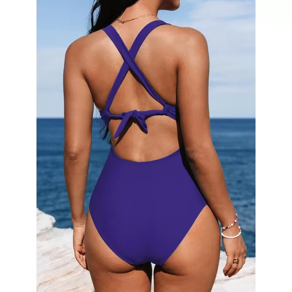imageCUPSHE Womens One Piece Swimsuit Tummy Control Deep V Neck Double Straps Crisscross Back Tie Bathing SuitCobalt Blue