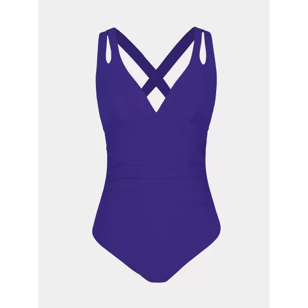 imageCUPSHE Womens One Piece Swimsuit Tummy Control Deep V Neck Double Straps Crisscross Back Tie Bathing SuitCobalt Blue