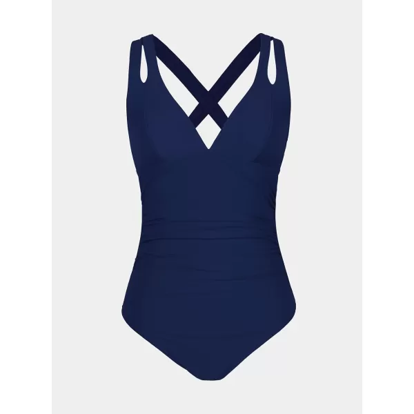 imageCUPSHE Womens One Piece Swimsuit Tummy Control Deep V Neck Double Straps Crisscross Back Tie Bathing SuitDark Blue