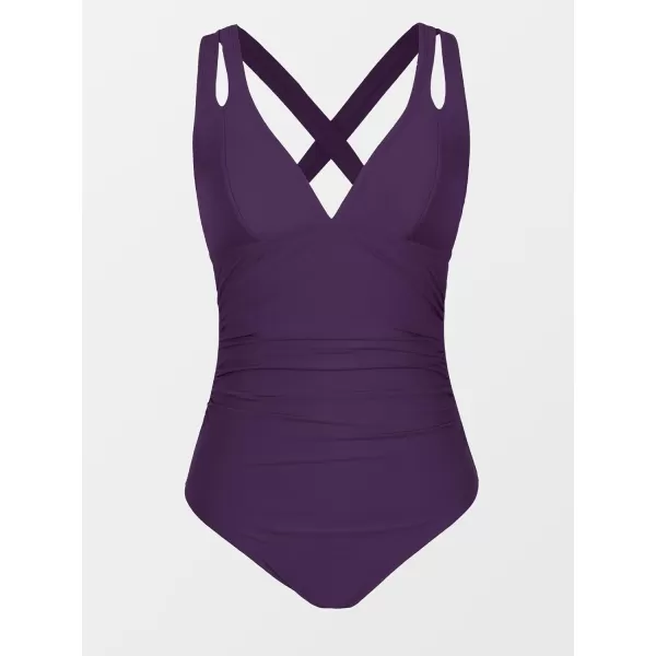 imageCUPSHE Womens One Piece Swimsuit Tummy Control Deep V Neck Double Straps Crisscross Back Tie Bathing SuitDark Purple