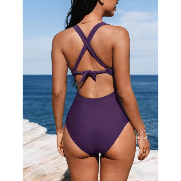 imageCUPSHE Womens One Piece Swimsuit Tummy Control Deep V Neck Double Straps Crisscross Back Tie Bathing SuitDark Purple