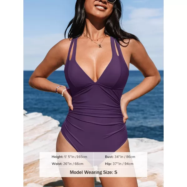 imageCUPSHE Womens One Piece Swimsuit Tummy Control Deep V Neck Double Straps Crisscross Back Tie Bathing SuitDark Purple