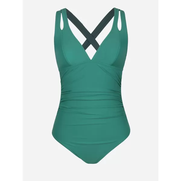 imageCUPSHE Womens One Piece Swimsuit Tummy Control Deep V Neck Double Straps Crisscross Back Tie Bathing SuitGreen