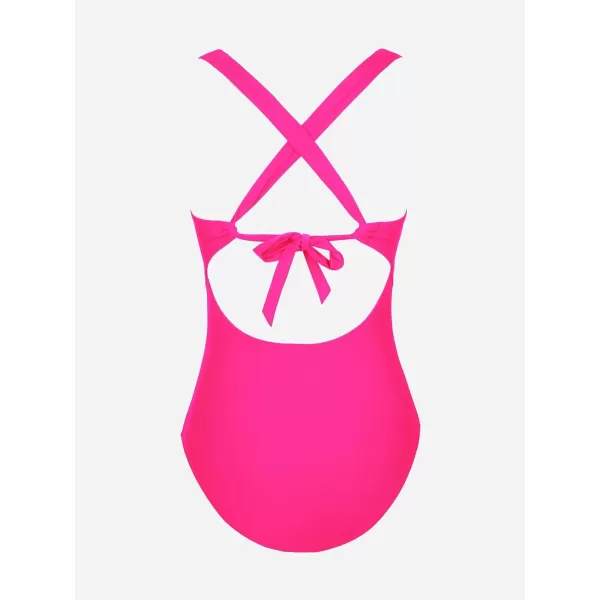 imageCUPSHE Womens One Piece Swimsuit Tummy Control Deep V Neck Double Straps Crisscross Back Tie Bathing SuitNeon Pink
