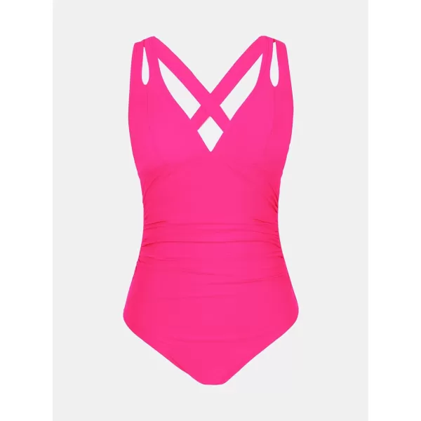 imageCUPSHE Womens One Piece Swimsuit Tummy Control Deep V Neck Double Straps Crisscross Back Tie Bathing SuitNeon Pink