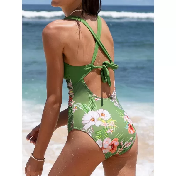 imageCUPSHE Womens One Piece Swimsuit Tummy Control Deep V Neck Double Straps Crisscross Back Tie Bathing SuitOlive GreenTropical