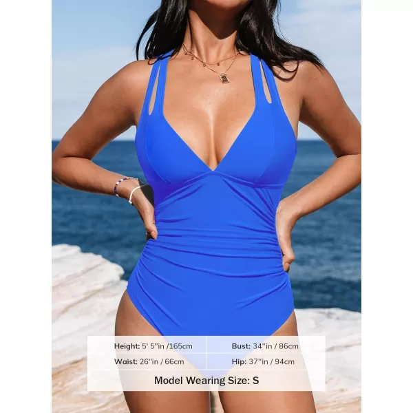 imageCUPSHE Womens One Piece Swimsuit Tummy Control Deep V Neck Double Straps Crisscross Back Tie Bathing SuitRoyal Blue
