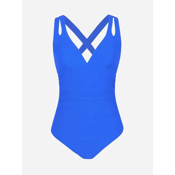 imageCUPSHE Womens One Piece Swimsuit Tummy Control Deep V Neck Double Straps Crisscross Back Tie Bathing SuitRoyal Blue