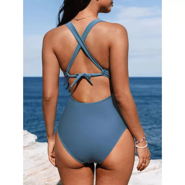 imageCUPSHE Womens One Piece Swimsuit Tummy Control Deep V Neck Double Straps Crisscross Back Tie Bathing SuitStone Blue