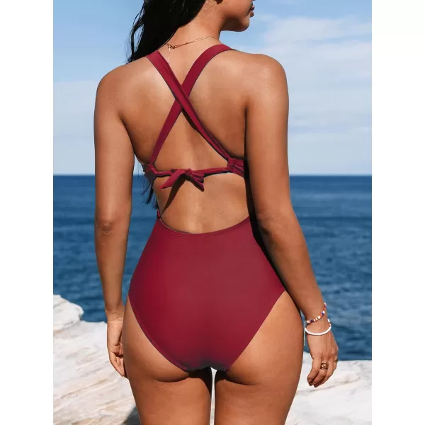 imageCUPSHE Womens One Piece Swimsuit Tummy Control Deep V Neck Double Straps Crisscross Back Tie Bathing SuitWine Red