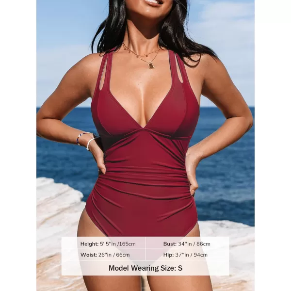 imageCUPSHE Womens One Piece Swimsuit Tummy Control Deep V Neck Double Straps Crisscross Back Tie Bathing SuitWine Red