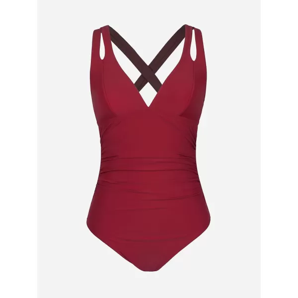 imageCUPSHE Womens One Piece Swimsuit Tummy Control Deep V Neck Double Straps Crisscross Back Tie Bathing SuitWine Red