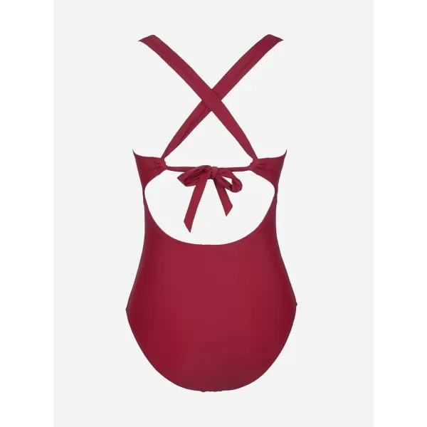 imageCUPSHE Womens One Piece Swimsuit Tummy Control Deep V Neck Double Straps Crisscross Back Tie Bathing SuitWine Red