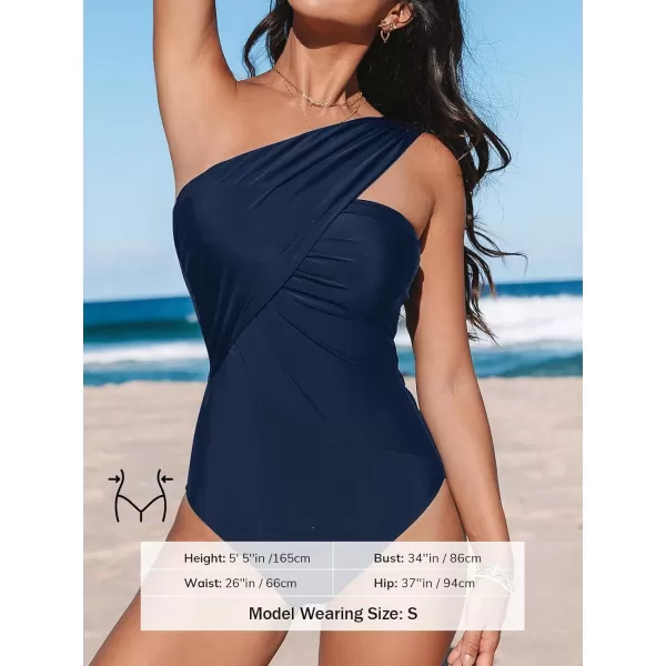 imageCUPSHE Womens One Piece Swimsuit Tummy Control One Shoulder Asymmetrical Neck Bathing Suit Ruched Wide StrapsNavy Blue