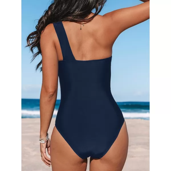 imageCUPSHE Womens One Piece Swimsuit Tummy Control One Shoulder Asymmetrical Neck Bathing Suit Ruched Wide StrapsNavy Blue