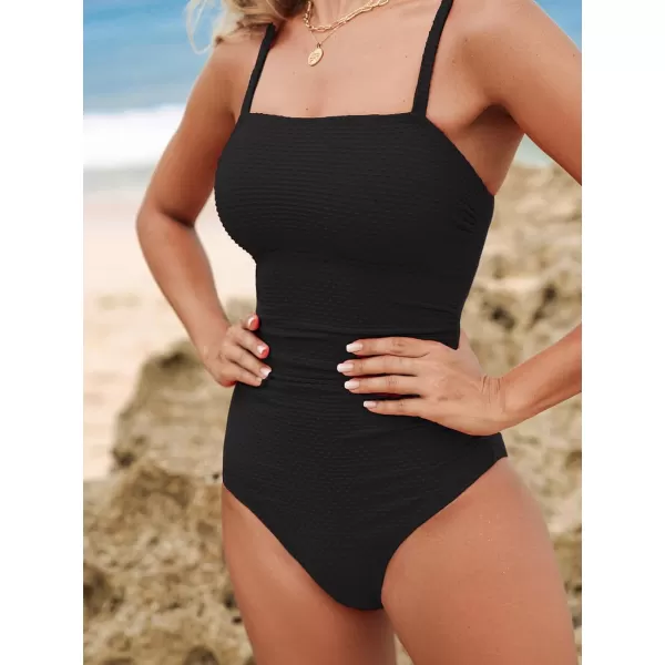 imageCUPSHE Womens One Piece Swimsuit Tummy Control Ruched Bathing Suit Square Neck Crisscross Back Tie Hollow OutBlack