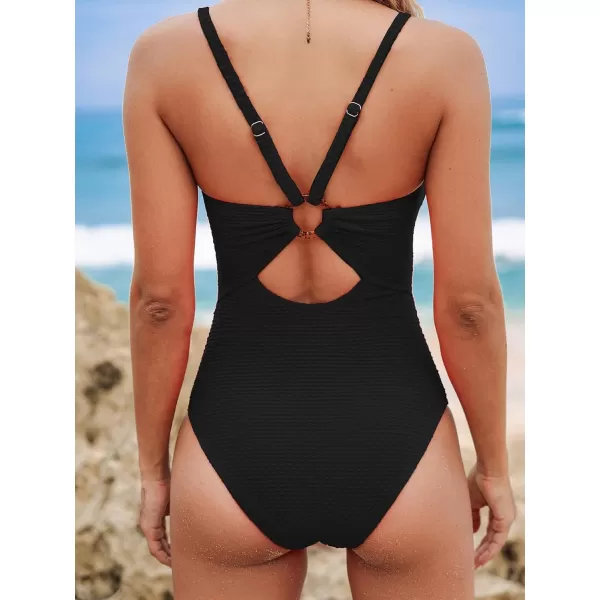 imageCUPSHE Womens One Piece Swimsuit Tummy Control Ruched Bathing Suit Square Neck Crisscross Back Tie Hollow OutBlack