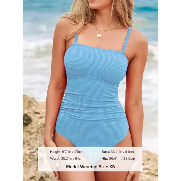 imageCUPSHE Womens One Piece Swimsuit Tummy Control Ruched Bathing Suit Square Neck Crisscross Back Tie Hollow OutSky Blue