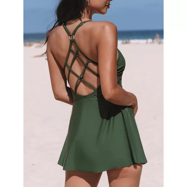 imageCUPSHE Womens One Piece Swimsuit Tummy Control Swim Dress Skirted Bathing Suit Back CrisscrossArmy Green