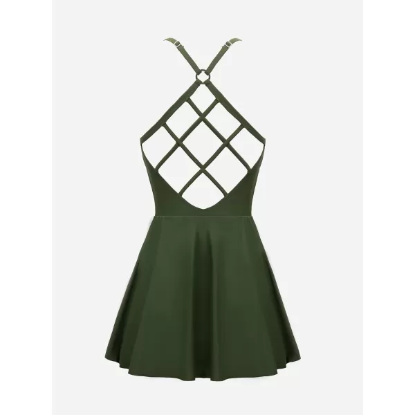 imageCUPSHE Womens One Piece Swimsuit Tummy Control Swim Dress Skirted Bathing Suit Back CrisscrossArmy Green