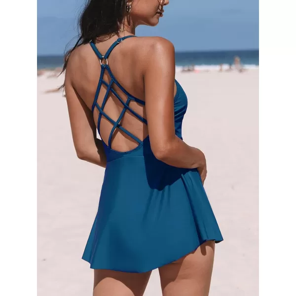 imageCUPSHE Womens One Piece Swimsuit Tummy Control Swim Dress Skirted Bathing Suit Back CrisscrossBlue