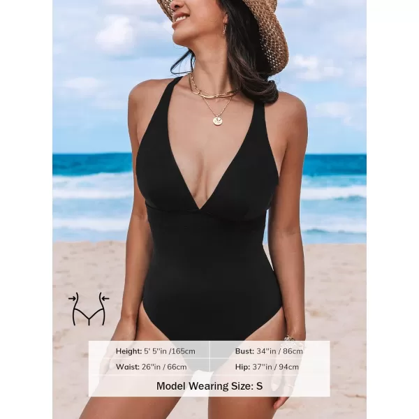 imageCUPSHE Womens One Piece Swimsuit Tummy Control V Neck Bathing Suit Lace up Crisscross Back Tie Slimming SculptingBlack