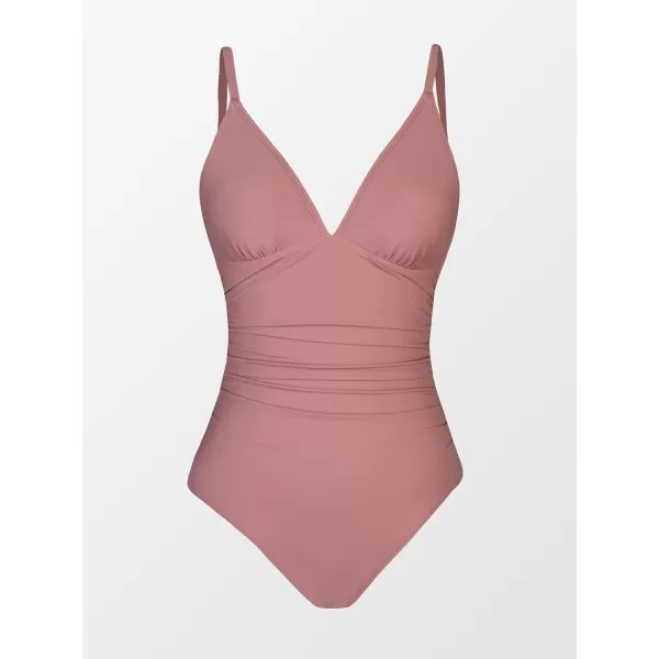 imageCUPSHE Womens One Piece Swimsuit Tummy Control V Neck Bathing SuitsBean Pink