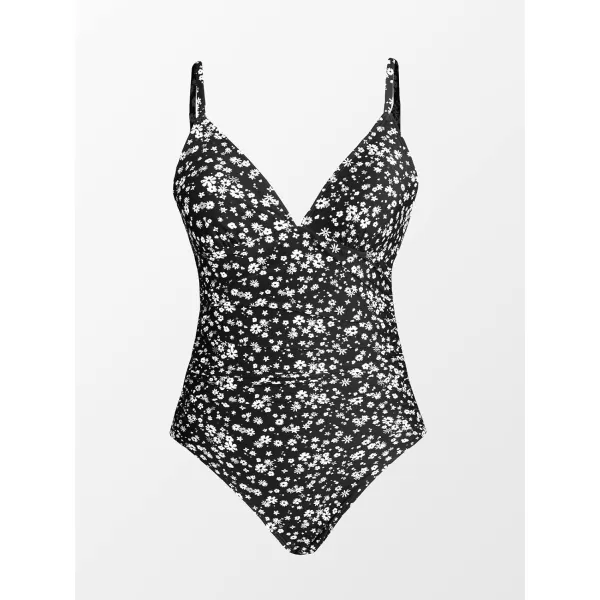 imageCUPSHE Womens One Piece Swimsuit Tummy Control V Neck Bathing SuitsBlack Floral
