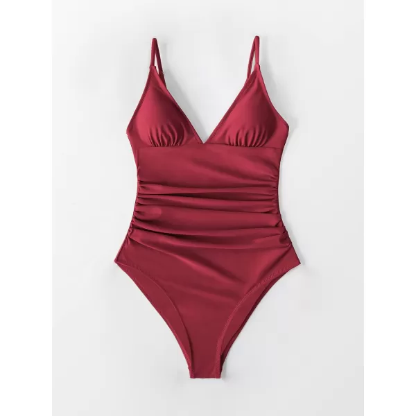 imageCUPSHE Womens One Piece Swimsuit Tummy Control V Neck Bathing SuitsBurgundy