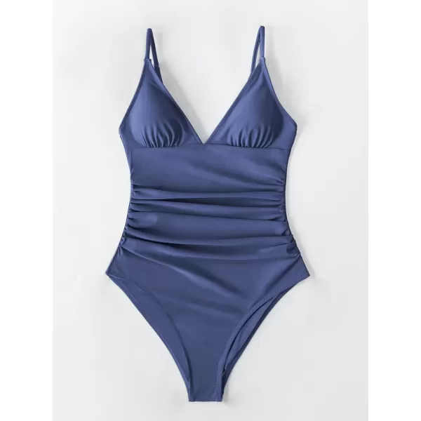 imageCUPSHE Womens One Piece Swimsuit Tummy Control V Neck Bathing SuitsDark Slate Blue