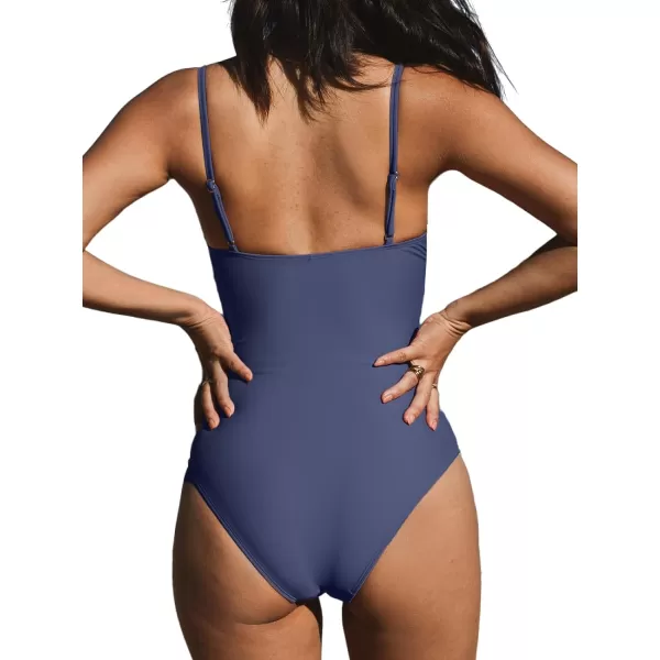 imageCUPSHE Womens One Piece Swimsuit Tummy Control V Neck Bathing SuitsDark Slate Blue