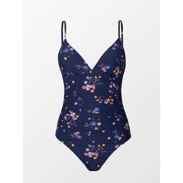 imageCUPSHE Womens One Piece Swimsuit Tummy Control V Neck Bathing SuitsNavy Floral