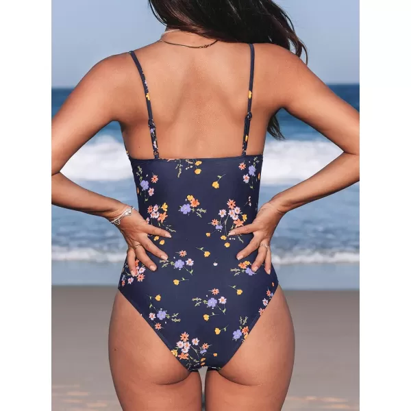 imageCUPSHE Womens One Piece Swimsuit Tummy Control V Neck Bathing SuitsNavy Floral