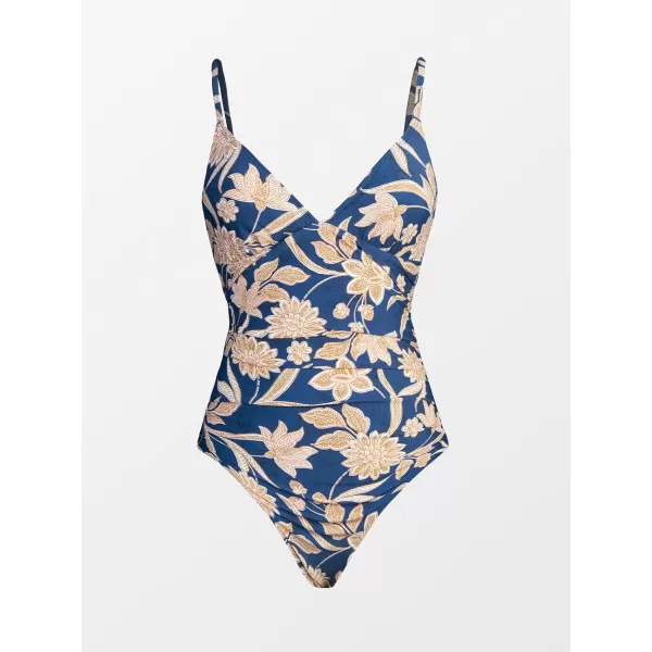 imageCUPSHE Womens One Piece Swimsuit Tummy Control V Neck Bathing SuitsNavy Paisley Print