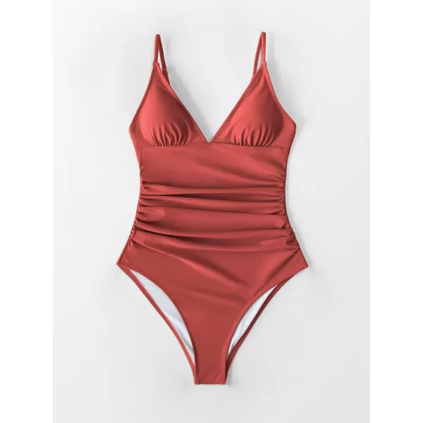 imageCUPSHE Womens One Piece Swimsuit Tummy Control V Neck Bathing SuitsRed