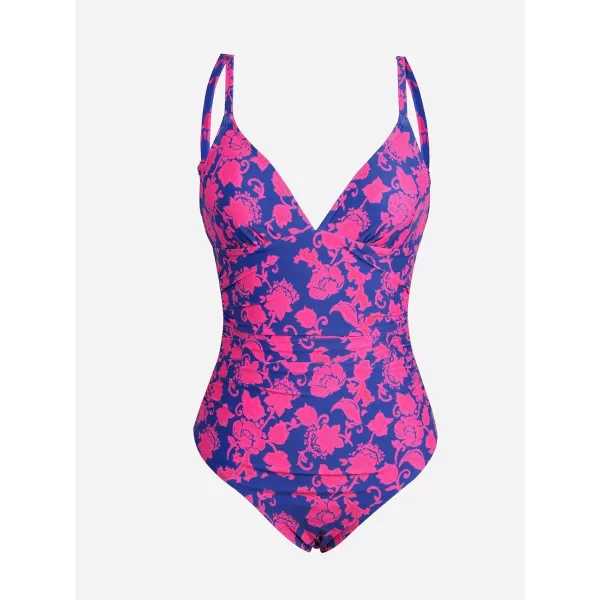 imageCUPSHE Womens One Piece Swimsuit Tummy Control V Neck Bathing SuitsRoyal BlueFloral