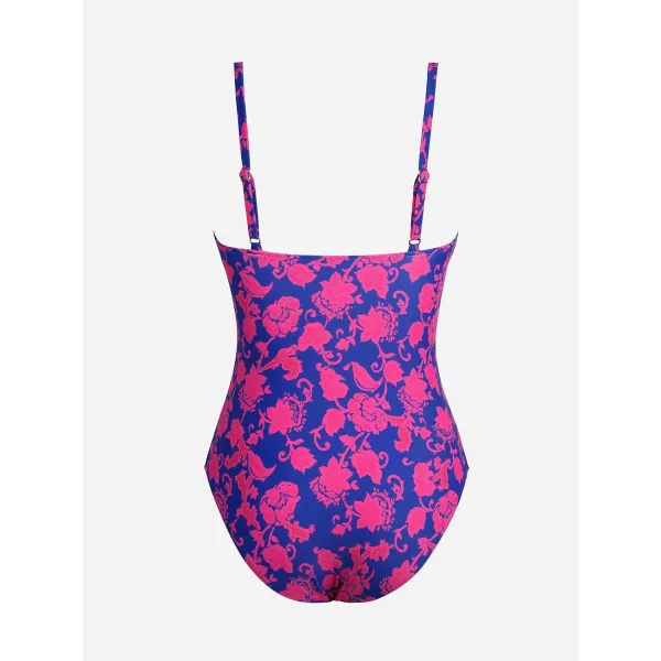 imageCUPSHE Womens One Piece Swimsuit Tummy Control V Neck Bathing SuitsRoyal BlueFloral