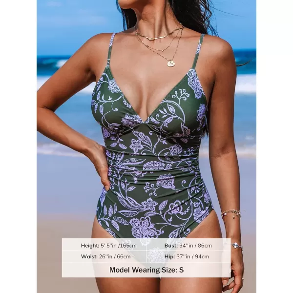 imageCUPSHE Womens One Piece Swimsuit Tummy Control V Neck Bathing SuitsTealish Green Paisley
