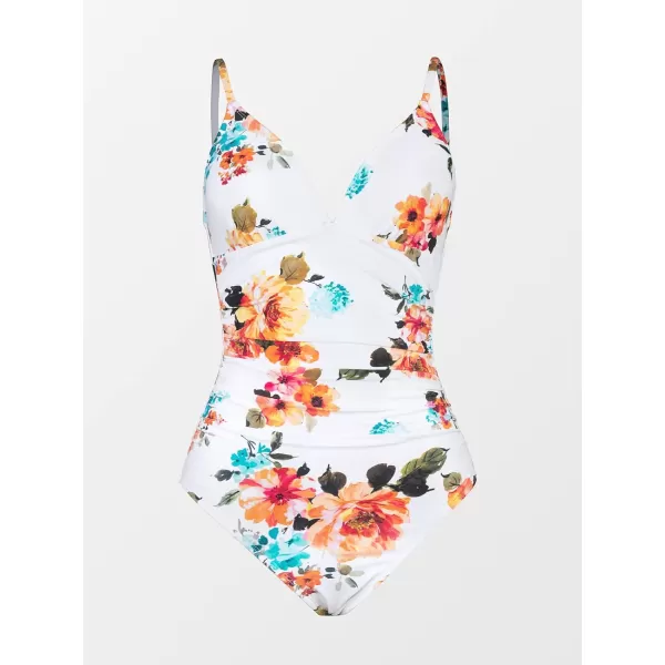 imageCUPSHE Womens One Piece Swimsuit Tummy Control V Neck Bathing SuitsWhite Floral