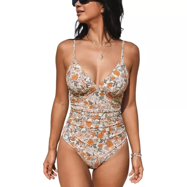 imageCUPSHE Womens One Piece Swimsuit Tummy Control V Neck Bathing SuitsYellow Floral
