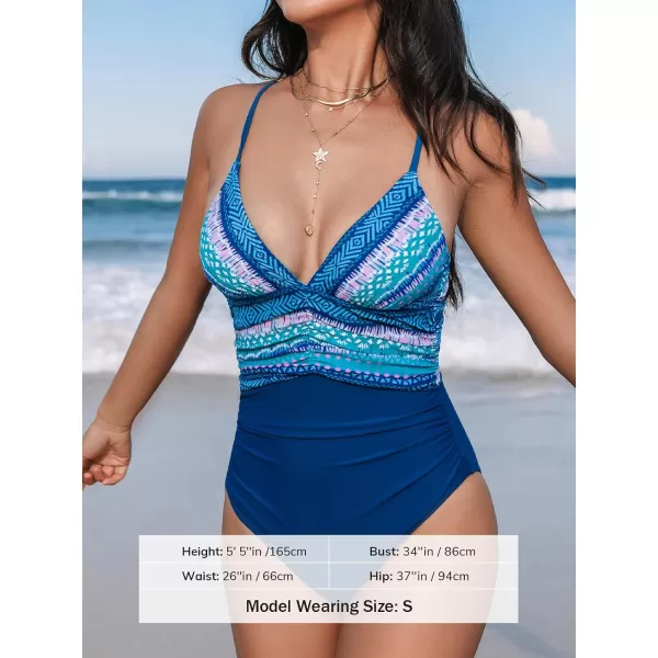 imageCUPSHE Womens One Piece Swimsuit Tummy Control V Neck Spaghetti Straps Crisscross Back Tie Ruched Bathing SuitAzure BlueEthnic