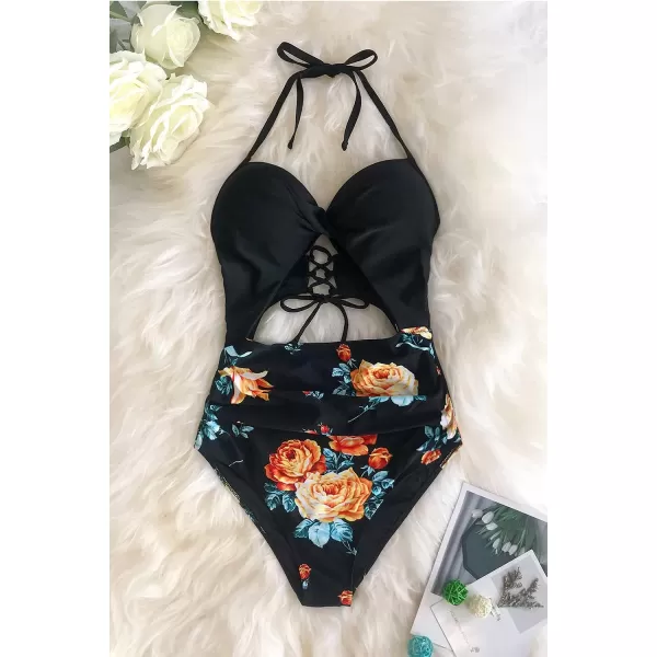 imageCUPSHE Womens One Piece Swimsuit Twist Cutout Front Crisscross Lace Up BackBlack